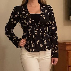 Bcbgeneration black deep v floral bell sleeve top